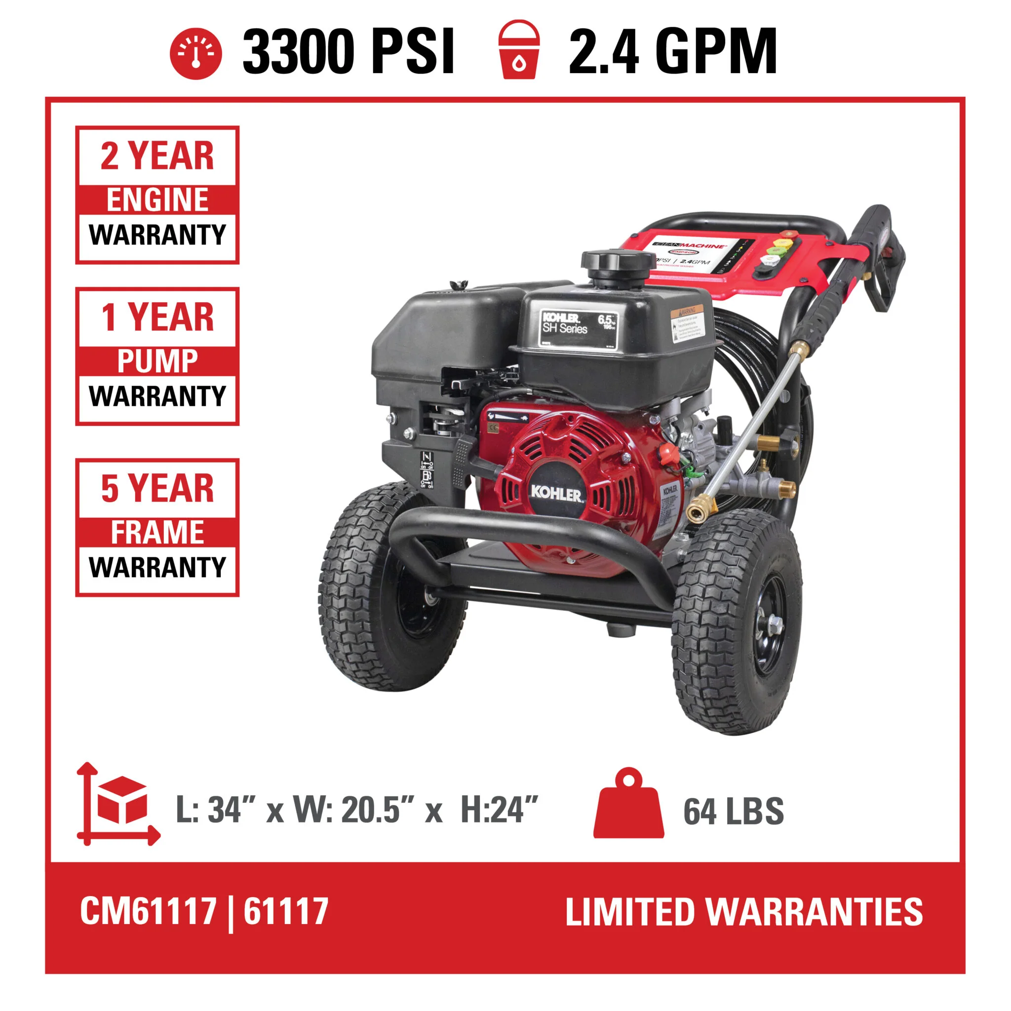 Simpson Clean Machine CM61117 3300psi 2.4gpm Pressure Washer with SH270 Kohler Engine - Image 4